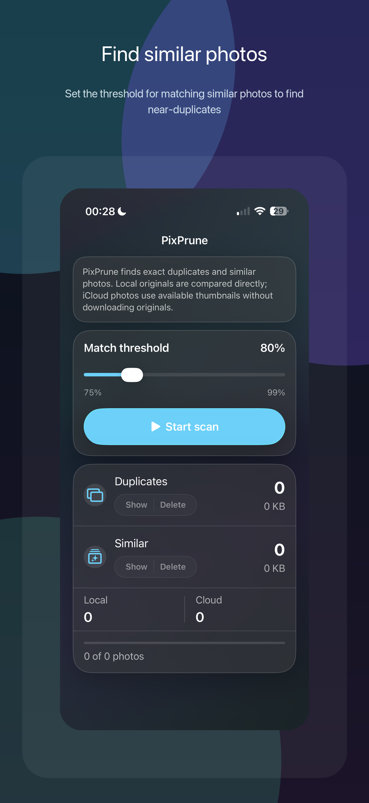PixPrune scan setup screenshot.